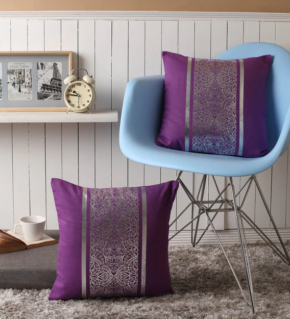 Lushomes Cushion covers 16 inch x 16 inch, Sofa Cushion Cover, Foil Printed Sofa Pillow Cover (Size 16 x 16 Inch, Set of 2, Violet)