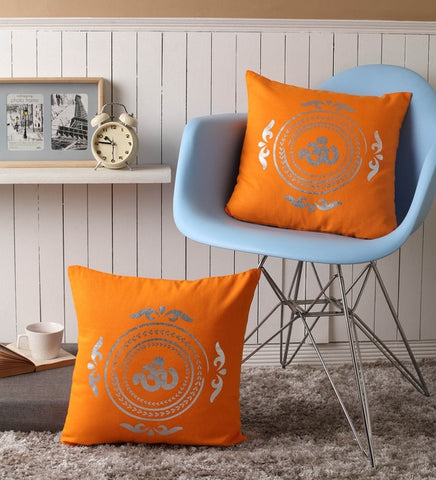 Lushomes Cushion covers 16 inch x 16 inch, Sofa Cushion Cover, Foil Printed Sofa Pillow Cover (Size 16 x 16 Inch, Set of 2, Orange)