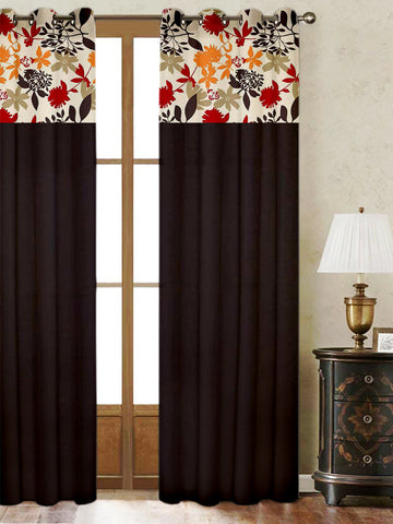 Lushomes Cotton Curtains, Cotton Black Leaf Printed Bloomberry Curtains with 8 Eyelets & Printed Tiebacks for Door, door curtains 7.5 feet,  Size: 54x90 Inches,Pack of: 1