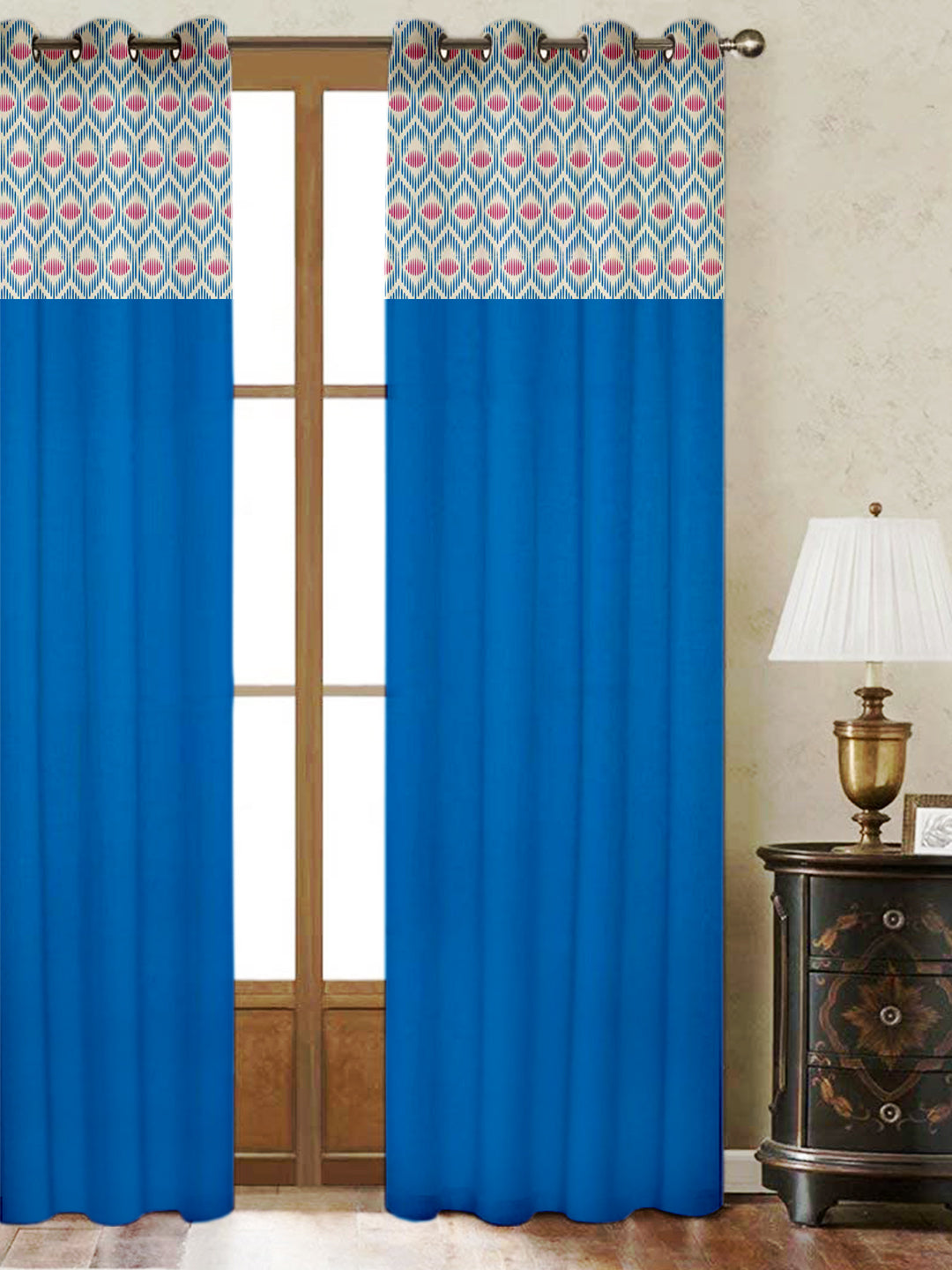 Lushomes Cotton Curtains, Cotton Blue Diamond Printed Cotton Curtains for Living Room/Home with 8 Eyelets & Printed Tiebacks for Door, door curtains 7.5 feet,  Size: 54x90 Inches,Pack of: 1