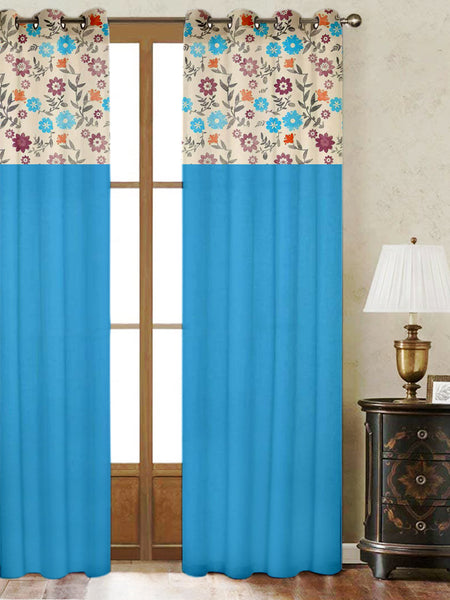 Lushomes Cotton Curtains, Cotton Blue Printed Cotton Curtains for Living Room/Home with 8 Eyelets & Printed Tiebacks for Doo, door curtains 7.5 feet,  Size: 54x90 Inches,Pack of: 1