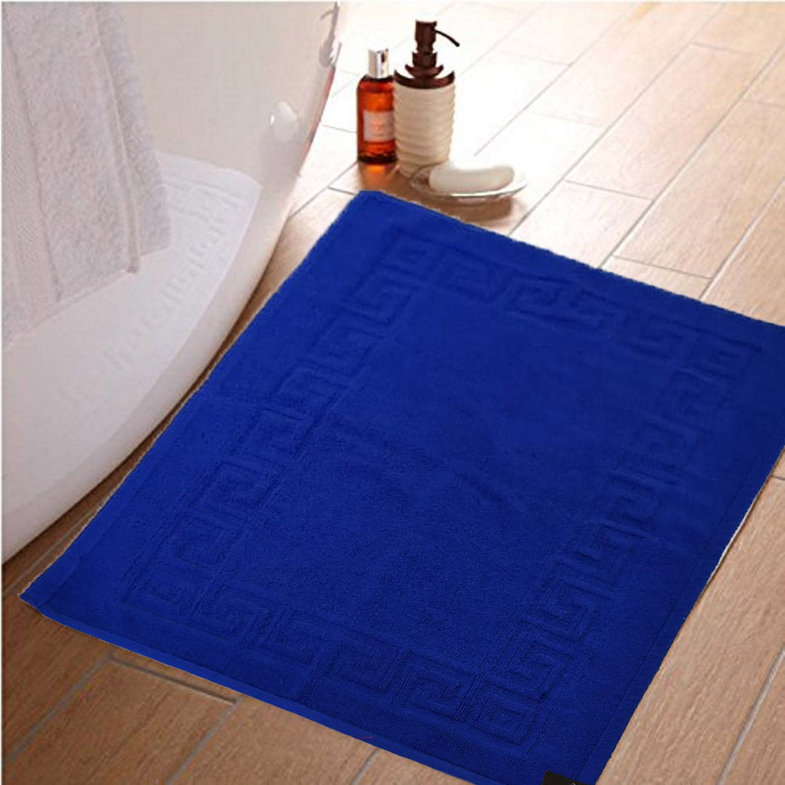 Lushomes bathroom Mat, Super Soft Terry Cotton Floor mat for Hotel and Spa, Door Mats for Bathmat with Greek Border, Floor Towel Mat, cotton mat (Single Pc, Blue, 50x77 cms)