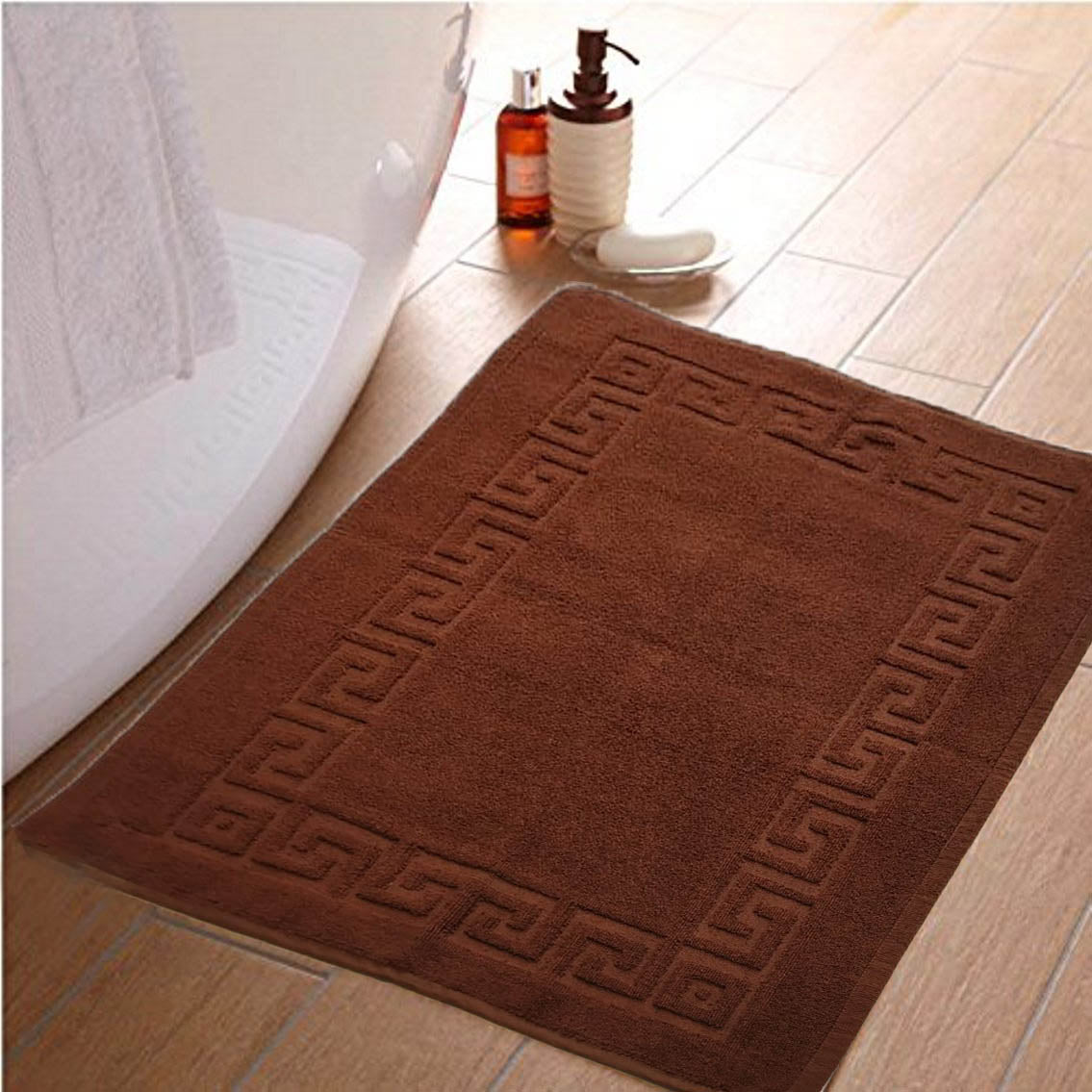 Lushomes bathroom Mat, Super Soft Terry Cotton Floor mat for Hotel and Spa, Door Mats for Bathmat with Greek Border, Floor Towel Mat, cotton mat (Single Pc, Brown, 50x77 cms)