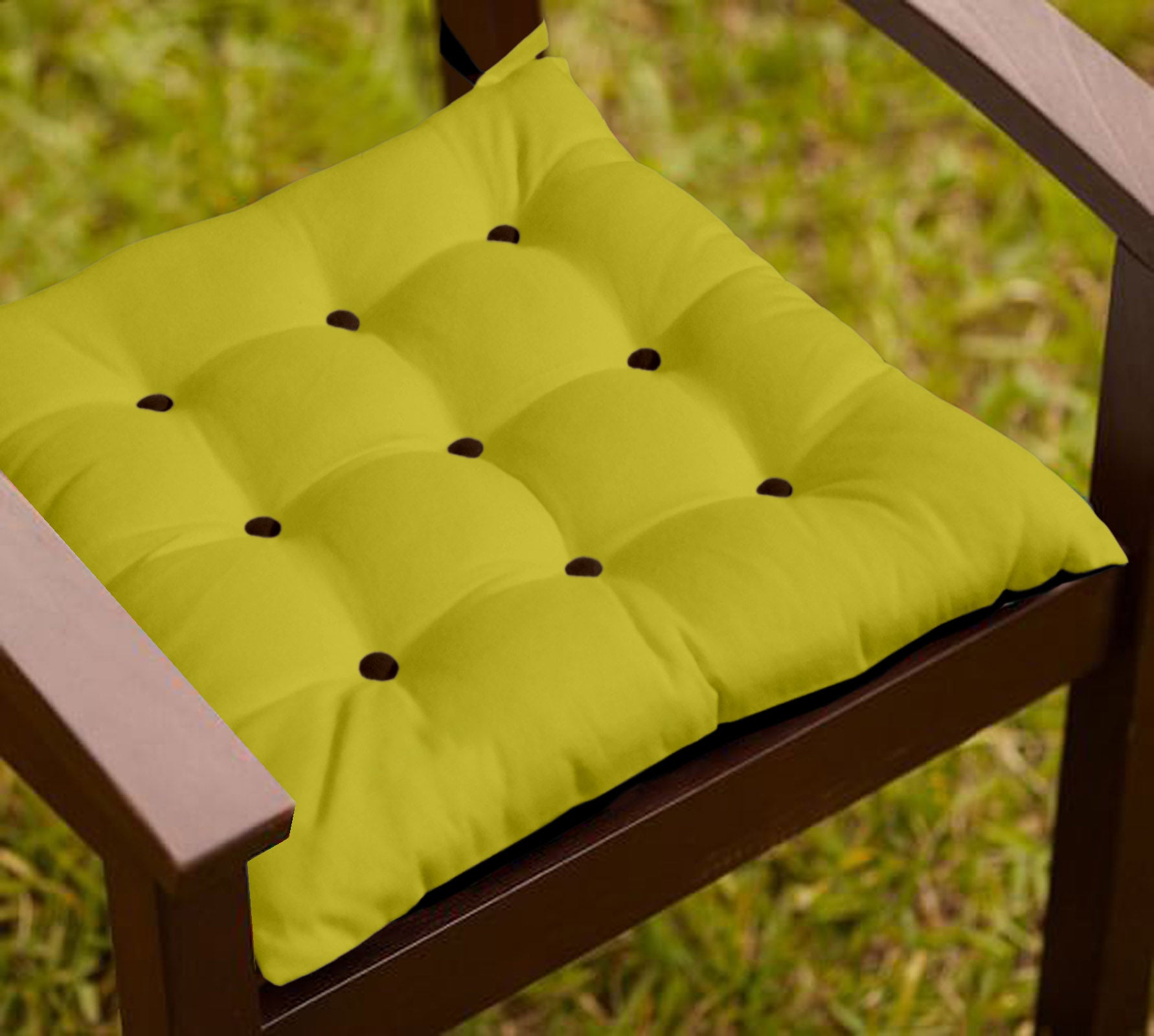 Lushomes Chair pads, Yellow and Brown, driver seat cushion for car, dining chair cushion, cushion for car, tie up cushions for chairs, Cotton Cushion for Car(16 Inch x16 Inch, 9 Buttons, Single Pc)