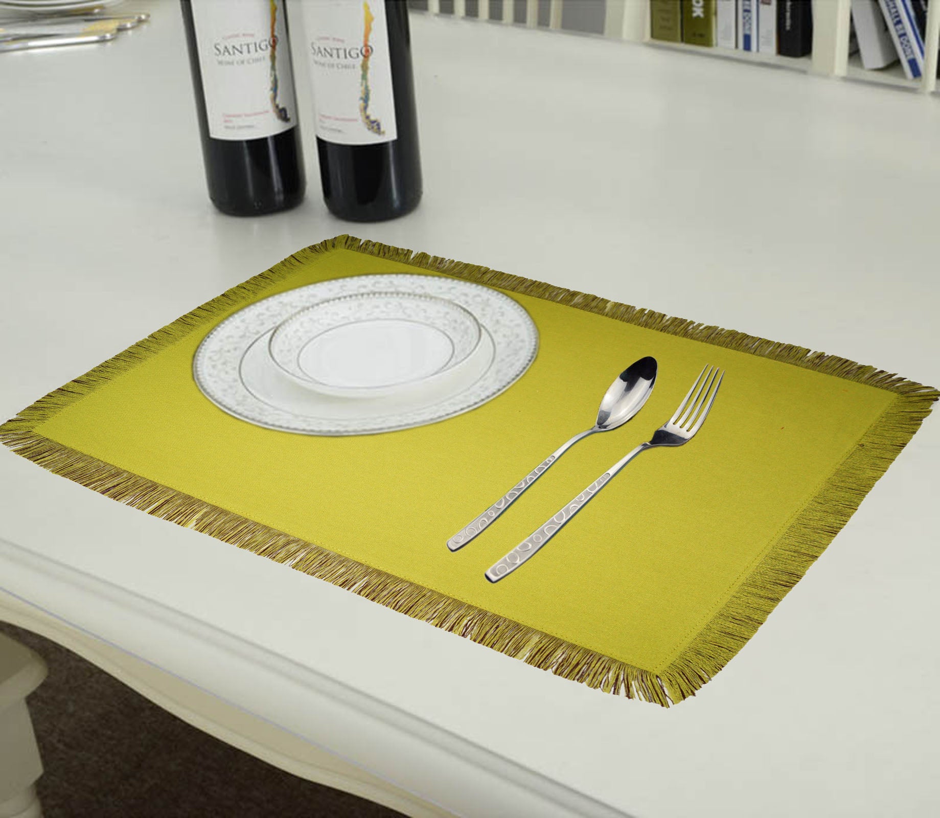 Lushomes dining table mats 6 pieces, Reversible Fancy Fringe dining table mat, dining table accessories for home, kitchen accessories items, Brown and Green  (13 x 19 Inches, Pack of 6)