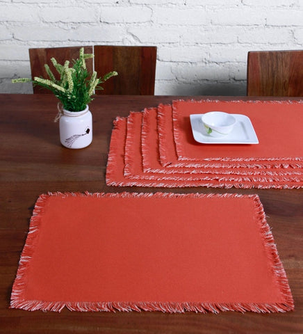 Lushomes dining table mats 6 pieces, Reversible Fancy Fringe dining table mat, dining table accessories for home, kitchen accessories items, Red  (13 x 19 Inches, Pack of 6)