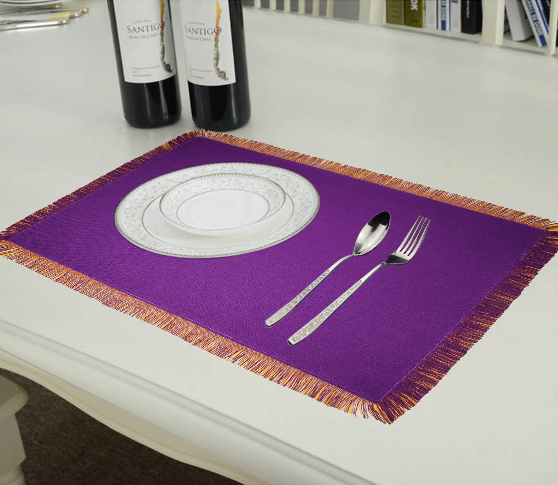 Lushomes dining table mats 6 pieces, Reversible Fancy Fringe dining table mat, dining table accessories for home, kitchen accessories items, Purple and Yellow  (13 x 19 Inches, Pack of 6)