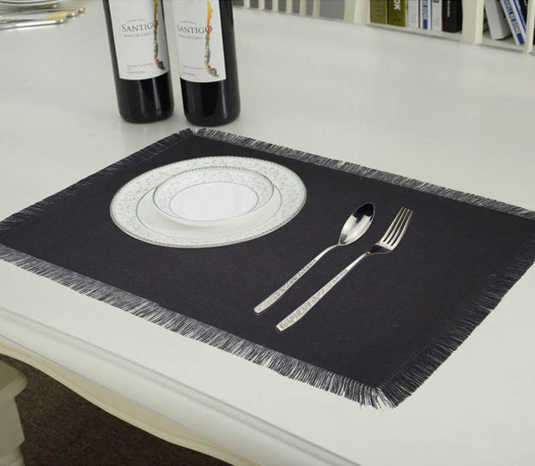 Lushomes dining table mats 6 pieces, Reversible Fancy Fringe dining table mat, dining table accessories for home, kitchen accessories items, Grey and Black  (13 x 19 Inches, Pack of 6)