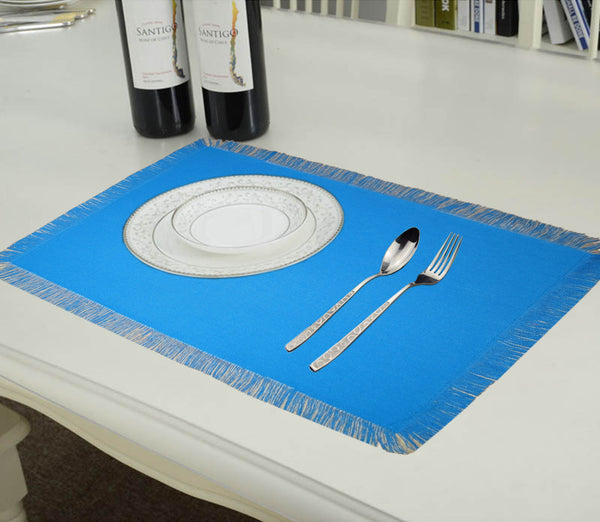 Lushomes dining table mats 6 pieces, Reversible Fancy Fringe dining table mat, dining table accessories for home, kitchen accessories items, Beige and Blue  (13 x 19 Inches, Pack of 6)