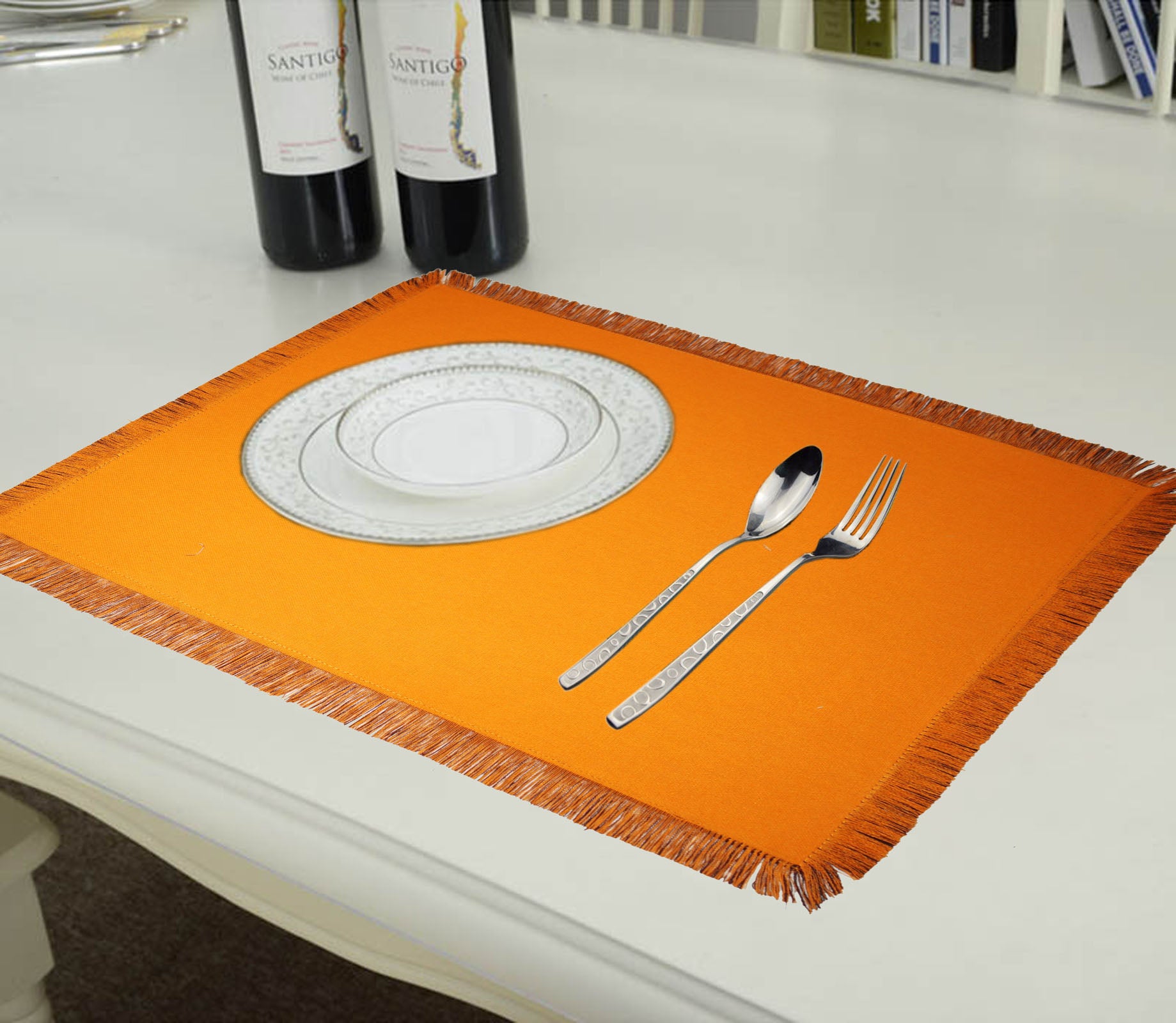Lushomes dining table mats 6 pieces, Reversible Fancy Fringe dining table mat, dining table accessories for home, kitchen accessories items, Orange and Brown (13 x 19 Inches, Pack of 6)