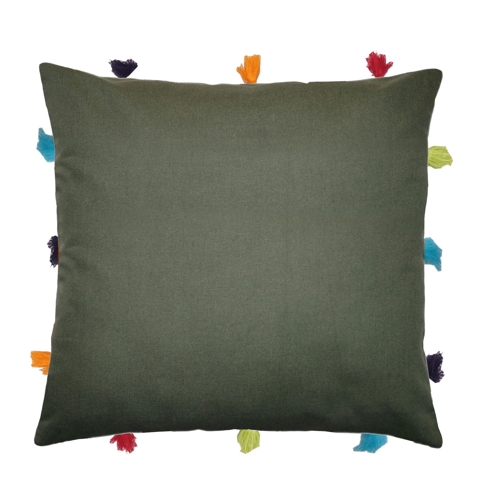 Lushomes cushion cover 12x12, boho cushion covers, sofa pillow cover, cushion covers with tassels, cushion cover with pom pom (12x12 Inches, Set of 1, Olive Green)