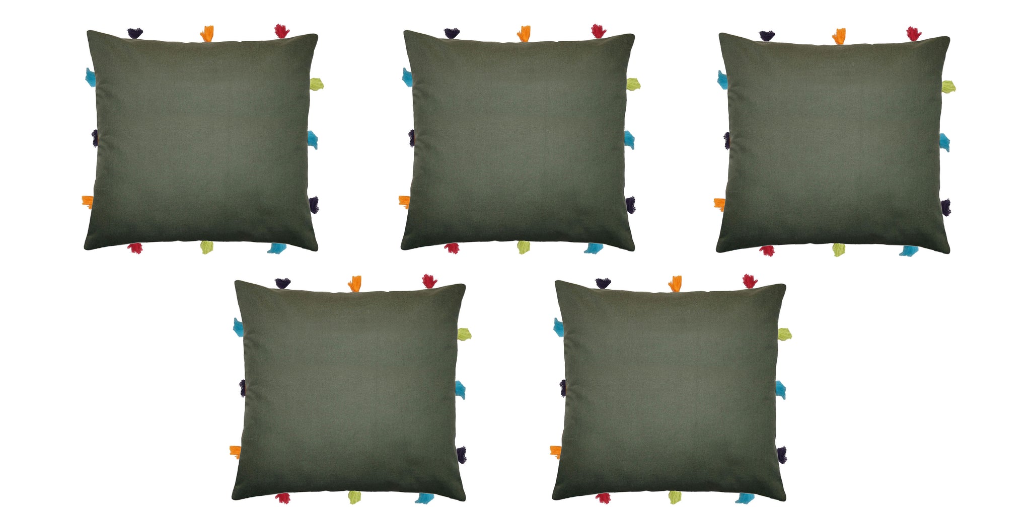 Lushomes cushion cover 12x12, boho cushion covers, sofa pillow cover, cushion covers with tassels, cushion cover with pom pom (12x12 Inches, Set of 5, Olive Green)