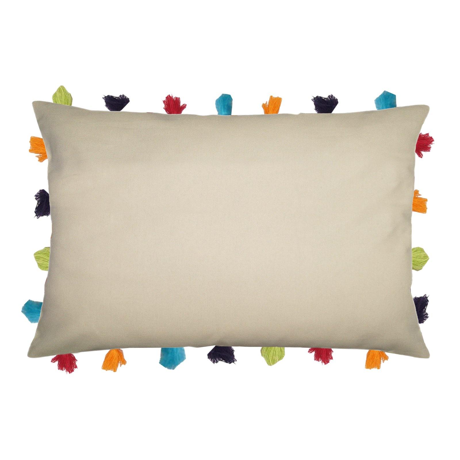 Lushomes Ecru Cushion Cover with Colorful tassels (Single pc, 14 x 20”) - Lushomes