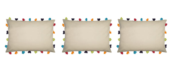 Lushomes Ecru Cushion Cover with Colorful tassels (3 pcs, 14 x 20”) - Lushomes