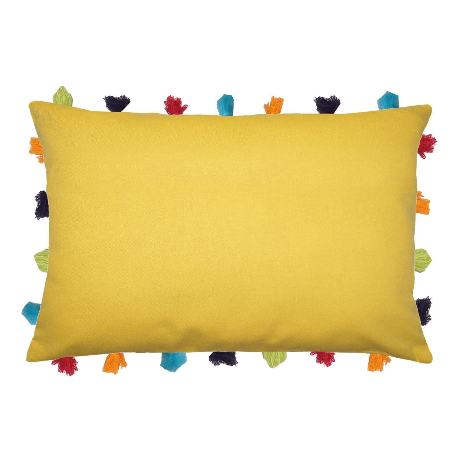 Lushomes Lemon Chrome Cushion Cover with Colorful tassels (Single pc, 14 x 20”) - Lushomes