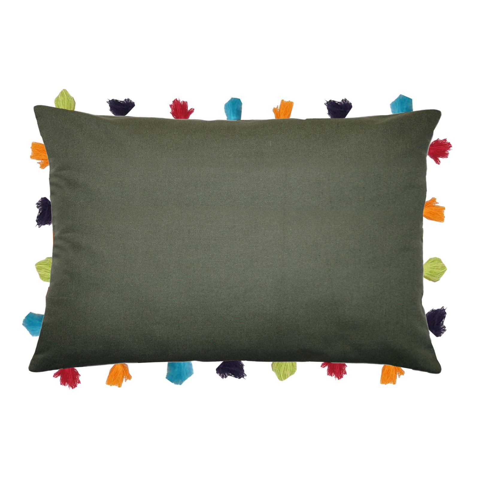 Lushomes Vineyard Green Cushion Cover with Colorful tassels (Single pc, 14 x 20”) - Lushomes