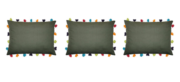 Lushomes Vineyard Green Cushion Cover with Colorful tassels (3 pcs, 14 x 20”) - Lushomes