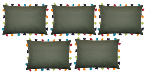 Lushomes Vineyard Green Cushion Cover with Colorful tassels (5 pcs, 14 x 20”) - Lushomes