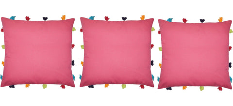 Lushomes Rasberry Cushion Cover with Colorful tassels (3 pcs, 14 x 14”) - Lushomes
