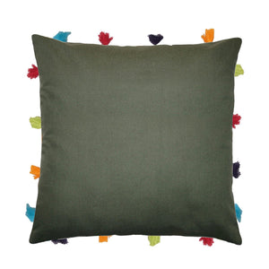 Lushomes Vineyard Green Cushion Cover with Colorful tassels (Single pc, 14 x 14”) - Lushomes