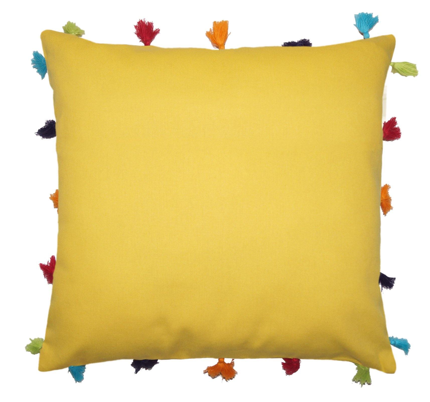 Lushomes Lemon Chrome Cotton Cushion Cover with Pom Pom - Pack of 1 - Lushomes