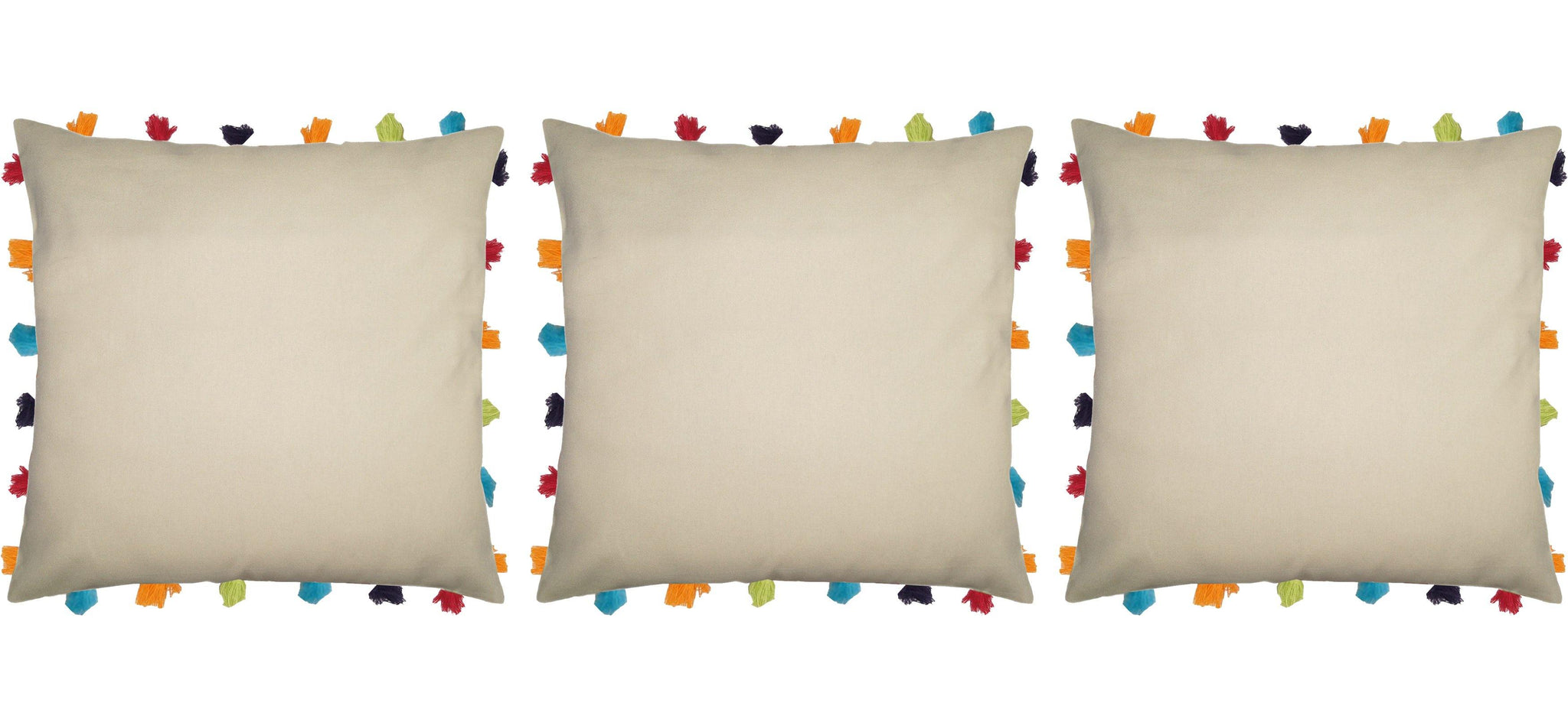 Lushomes Ecru Cushion Cover with Colorful tassels (3 pcs, 18 x 18”) - Lushomes