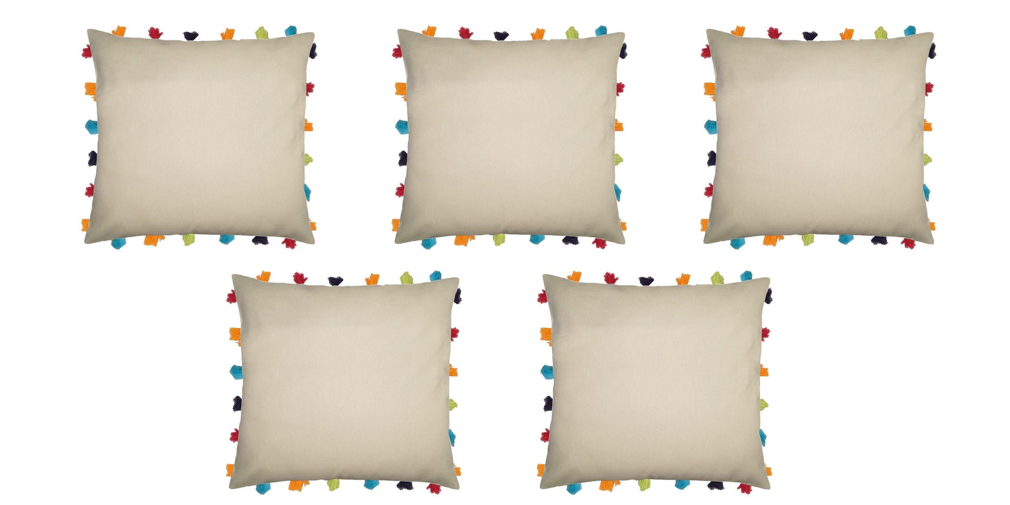 Lushomes Ecru Cushion Cover with Colorful tassels (5 pcs, 18 x 18”) - Lushomes