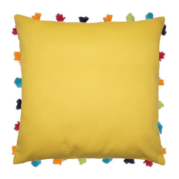 Lushomes Lemon Chrome Cushion Cover with Colorful tassels (Single pc, 18 x 18”) - Lushomes