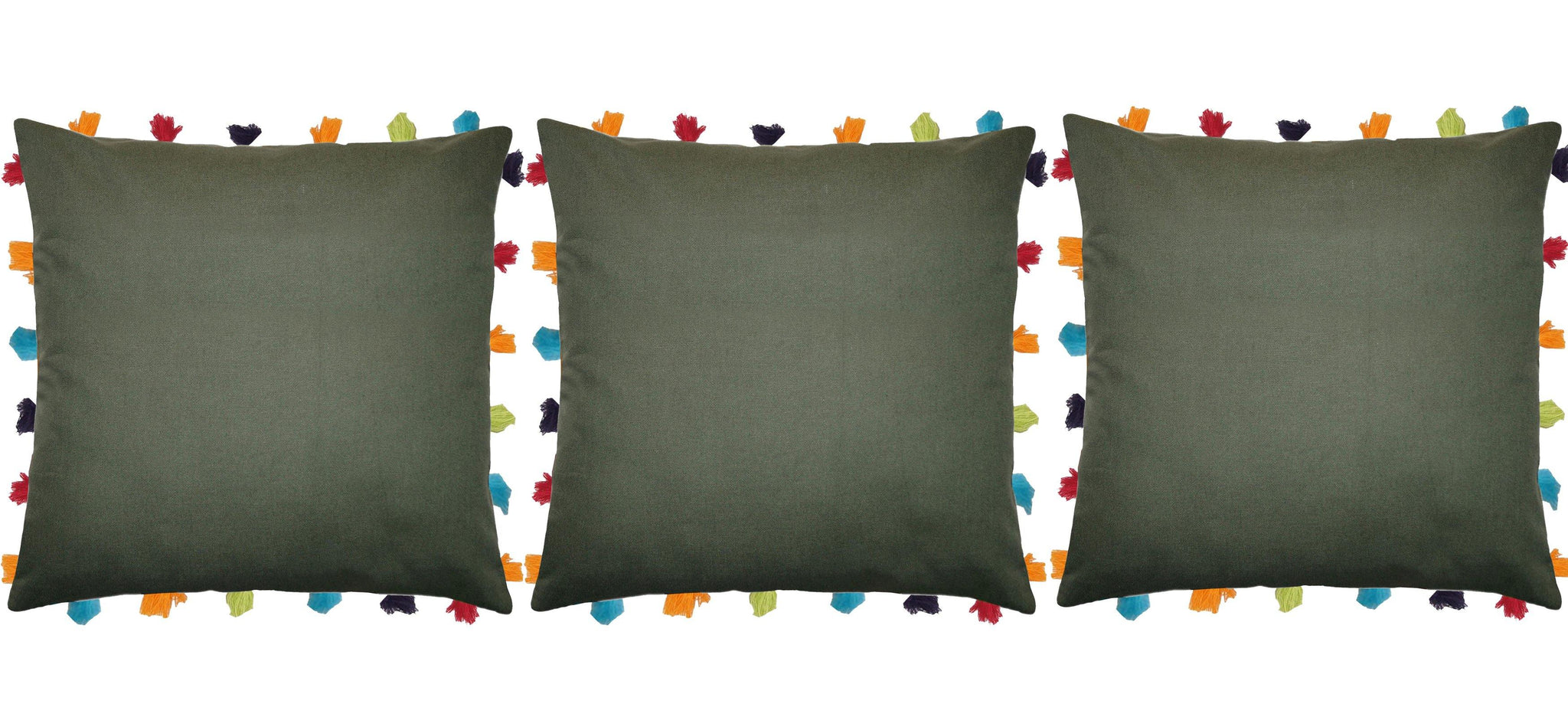 Lushomes Vineyard Green Cushion Cover with Colorful tassels (3 pcs, 18 x 18”) - Lushomes