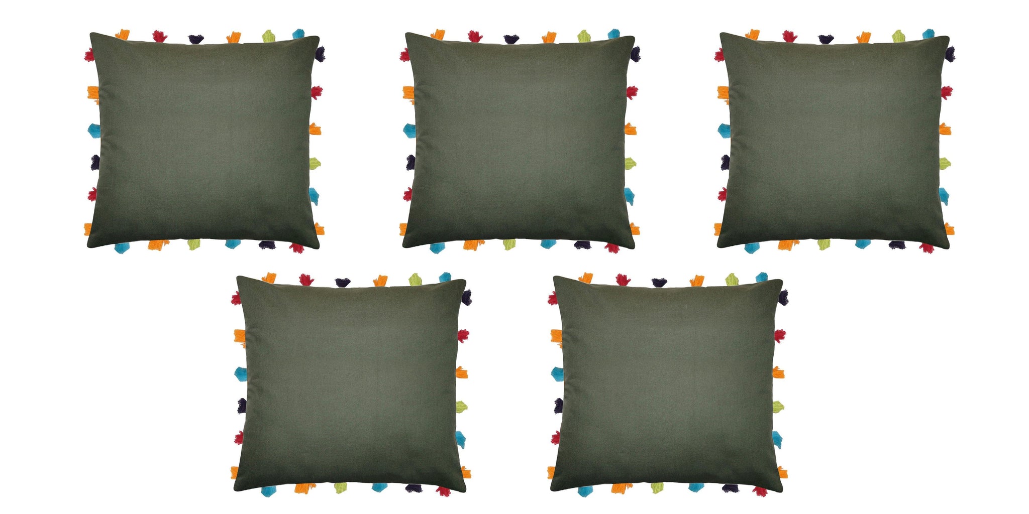 Lushomes Vineyard Green Cushion Cover with Colorful tassels (5 pcs, 18 x 18”) - Lushomes