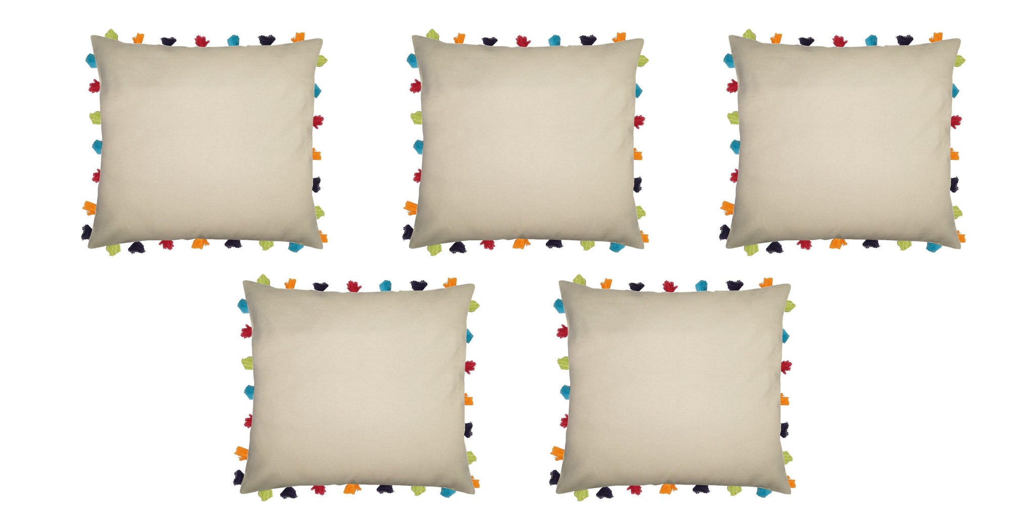Lushomes Ecru Cushion Cover with Colorful tassels (5 pcs, 20 x 20”) - Lushomes