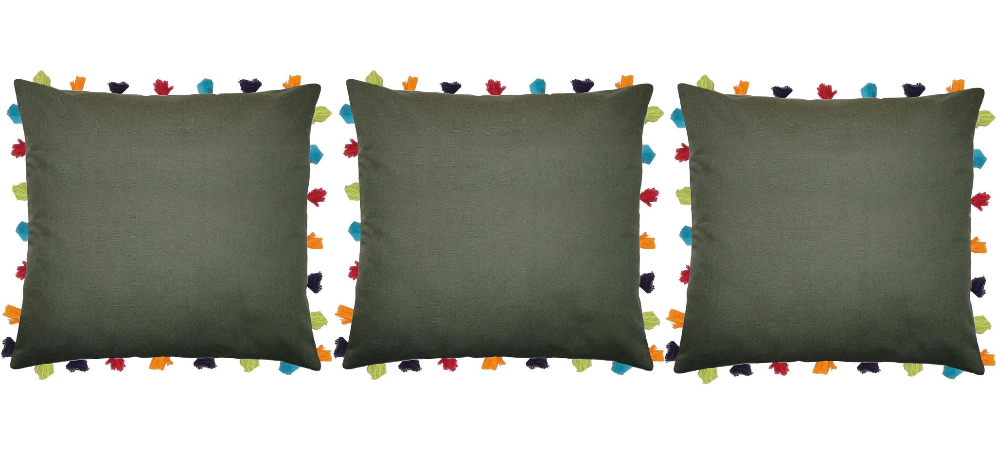 Lushomes Vineyard Green Cushion Cover with Colorful tassels (3 pcs, 20 x 20”) - Lushomes