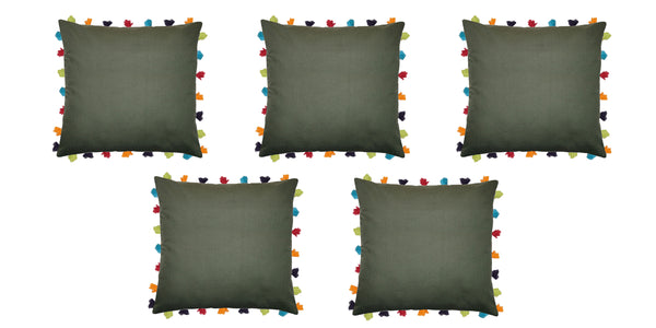 Lushomes cushion cover 20x20, boho cushion covers, sofa pillow cover, cushion covers with tassels, cushion cover with pom pom (20x20 Inches, Set of 1, Olive Green)