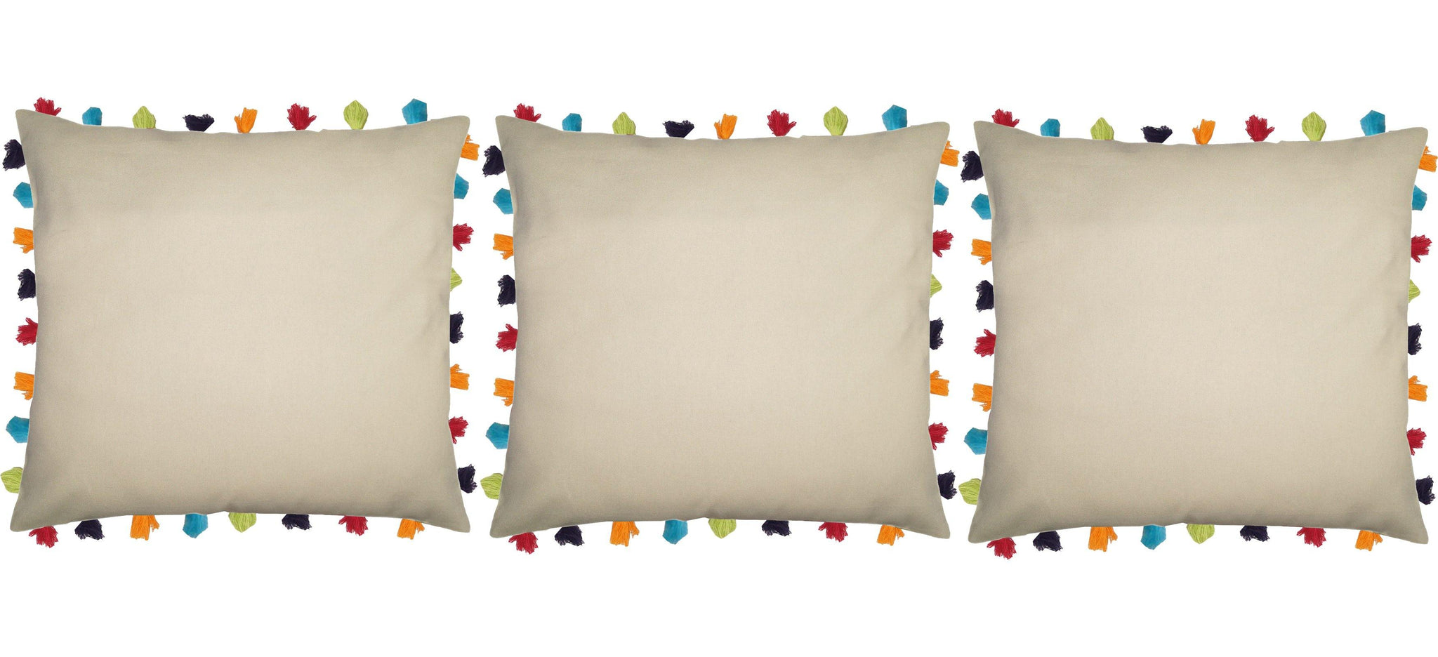 Lushomes Ecru Cushion Cover with Colorful tassels (3 pcs, 24 x 24”) - Lushomes