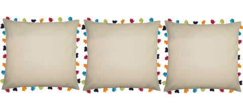 Lushomes Ecru Cushion Cover with Colorful tassels (3 pcs, 24 x 24”) - Lushomes
