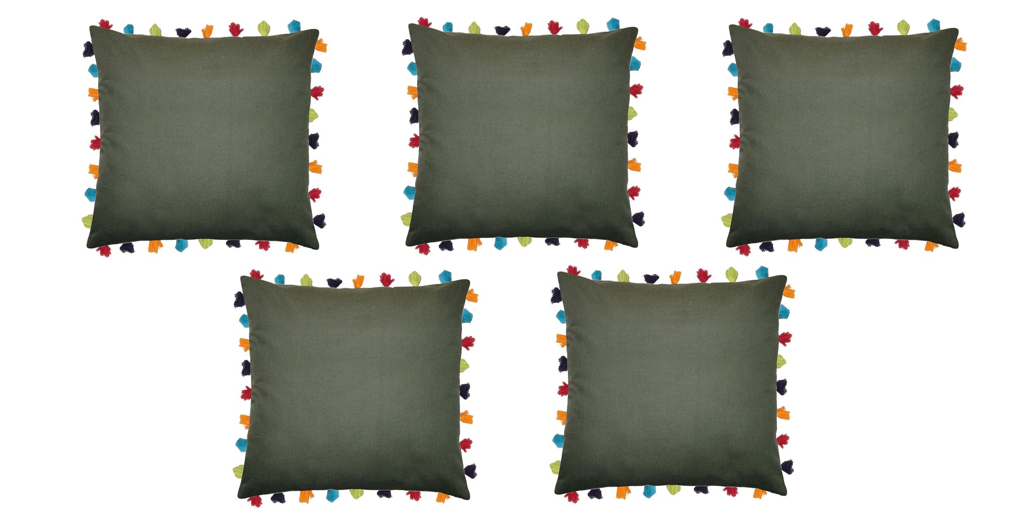 Lushomes Vineyard Green Cushion Cover with Colorful tassels (5 pcs, 24 x 24”) - Lushomes