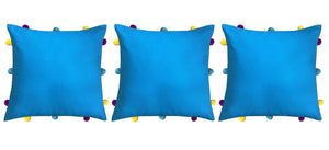 Lushomes Blue Sofa Cushion Cover Online with Colorful Pom Pom (Pack of 3 pcs, 12 x 12 inches) - Lushomes