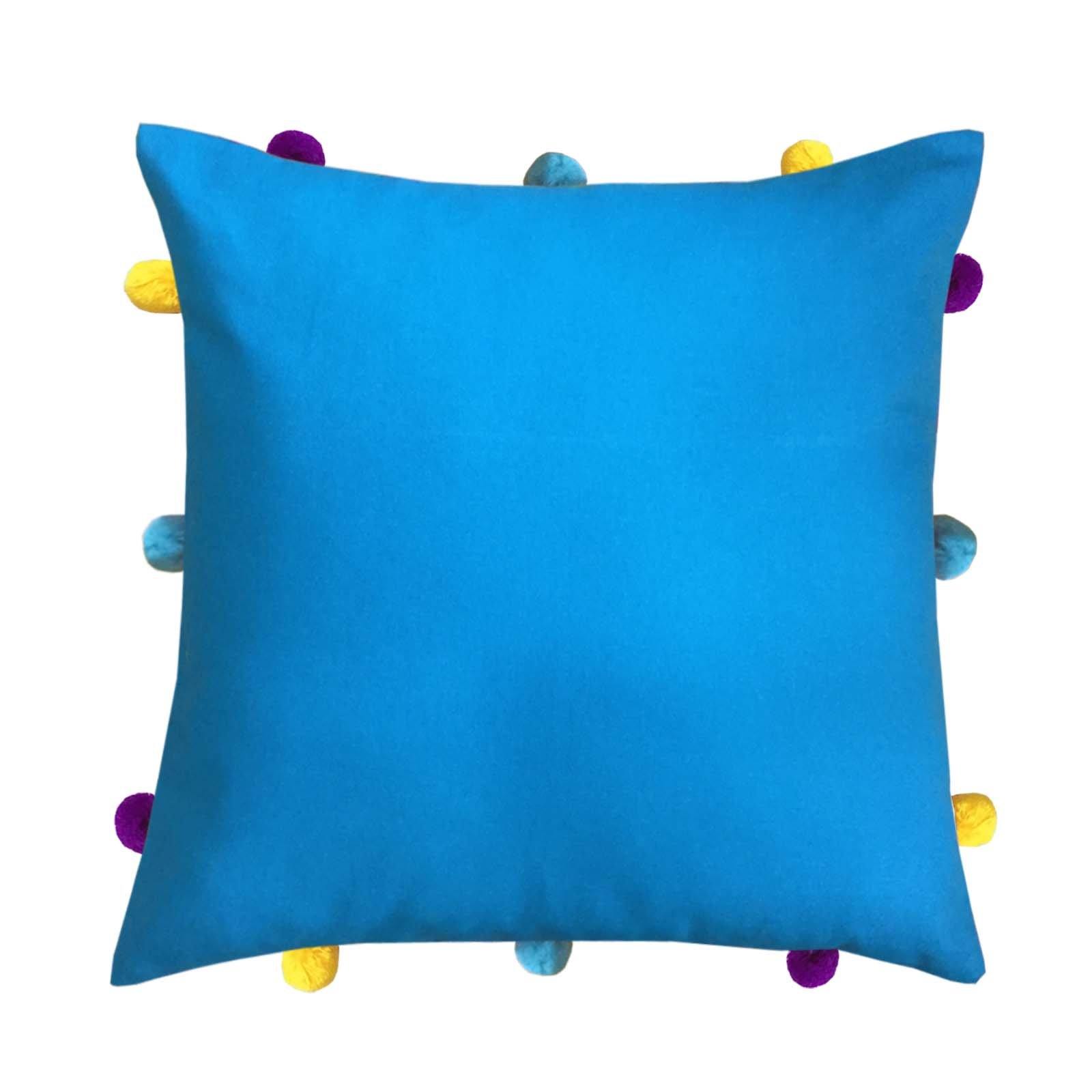 Lushomes Blue Sofa Cushion Cover Online with Colorful Pom Pom (Pack of 1, 12 x 12 inches) - Lushomes