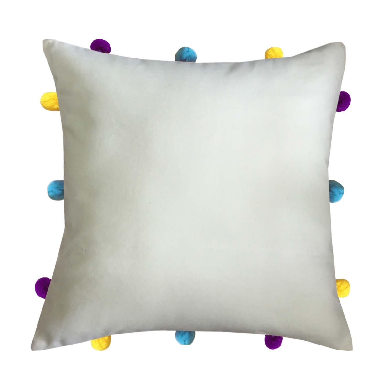 Lushomes Ecru Cushion Cover with Colorful pom poms (Single pc, 12 x 12”) - Lushomes