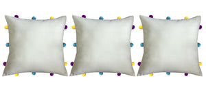 Lushomes Ecru Cushion Cover with Colorful pom poms (3 pcs, 12 x 12”) - Lushomes