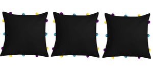 Lushomes Pirate Black Cushion Cover with Colorful pom poms (3 pcs, 12 x 12”) - Lushomes