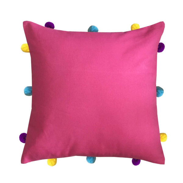 Lushomes Rasberry Cushion Cover with Colorful pom poms (Single pc, 12 x 12”) - Lushomes