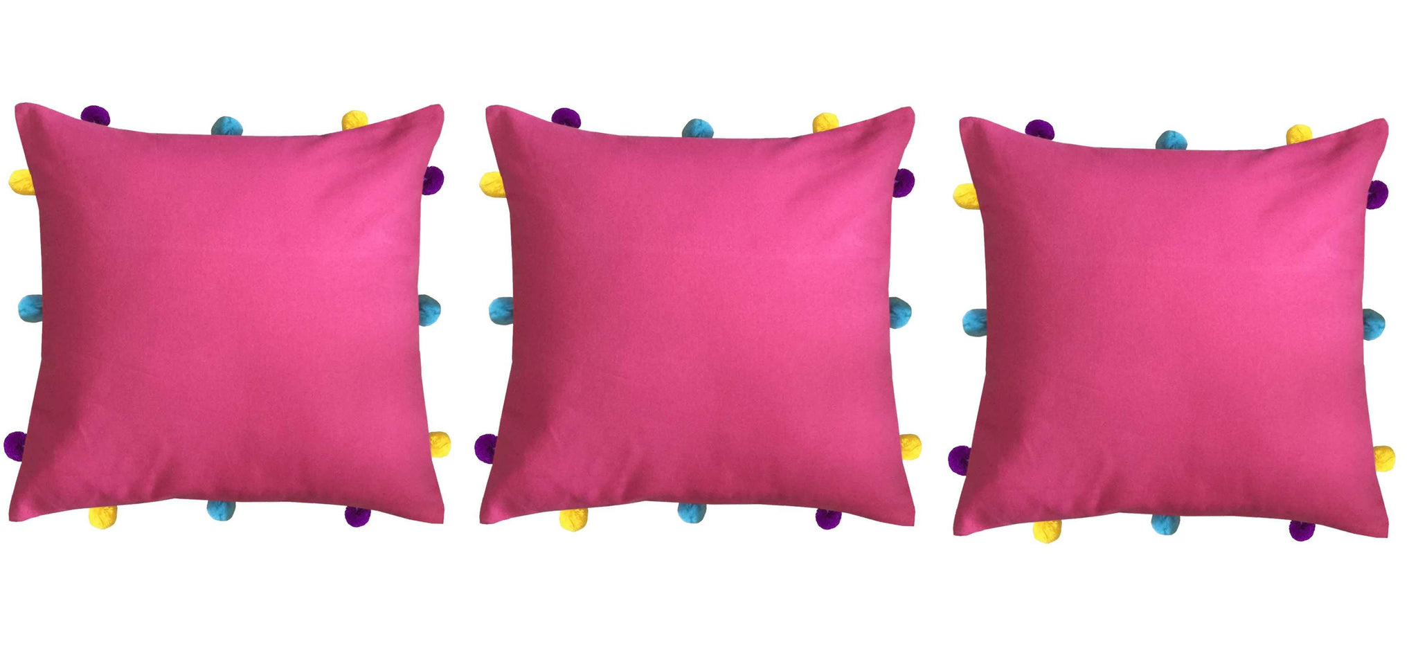 Lushomes Rasberry Cushion Cover with Colorful pom poms (3 pcs, 12 x 12”) - Lushomes