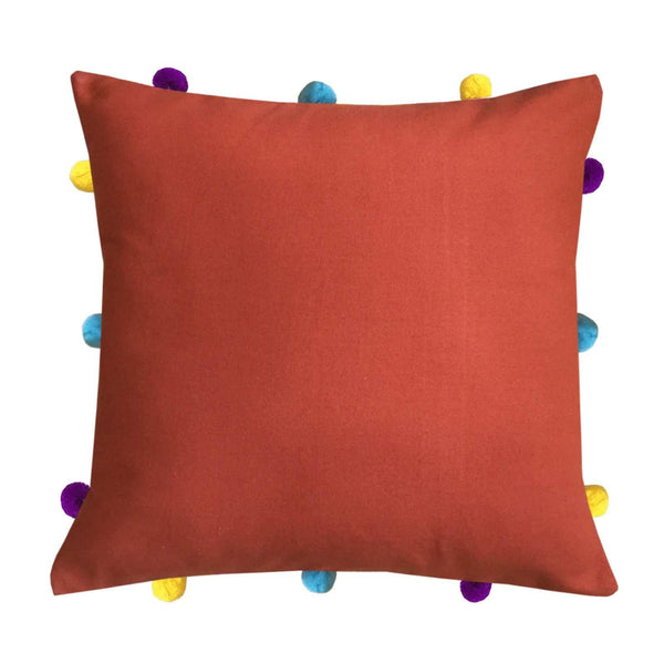 Lushomes Red Wood Cushion Cover with Colorful pom poms (5 pcs, 12 x 12”) - Lushomes