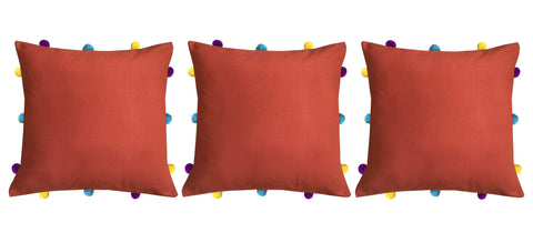 Lushomes Red Wood Cushion Cover with Colorful pom poms (3 pcs, 12 x 12”) - Lushomes
