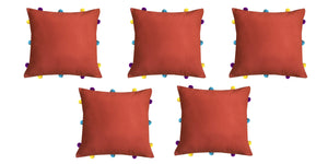 Lushomes Red Wood Cushion Cover with Colorful pom poms (5 pcs, 12 x 12”) - Lushomes