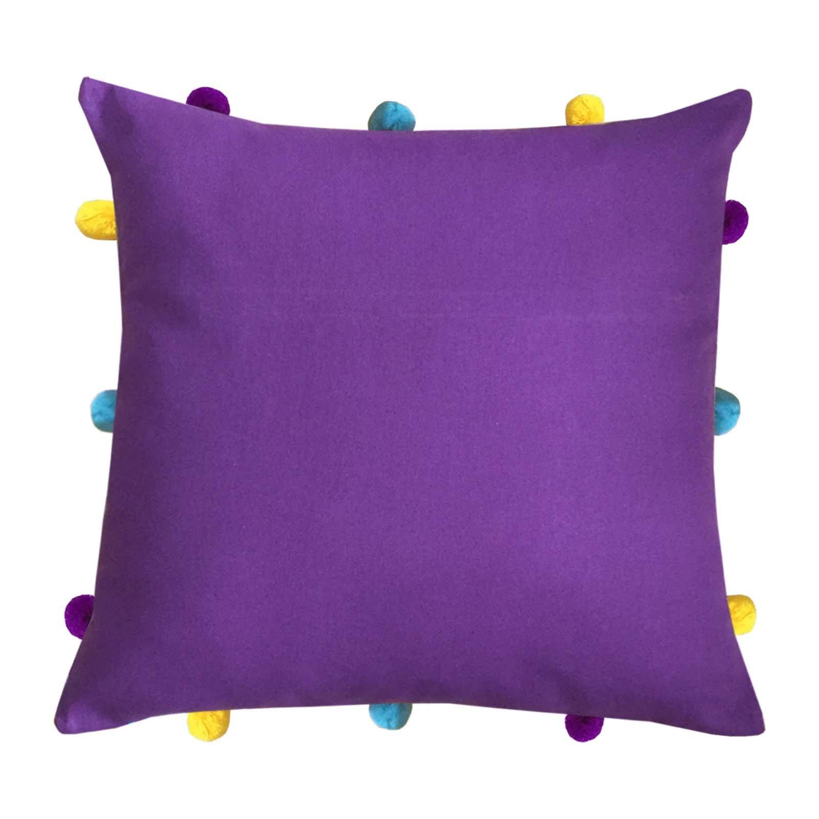 Lushomes Royal Lilac Cushion Cover with Colorful pom poms (Single pc, 12 x 12”) - Lushomes