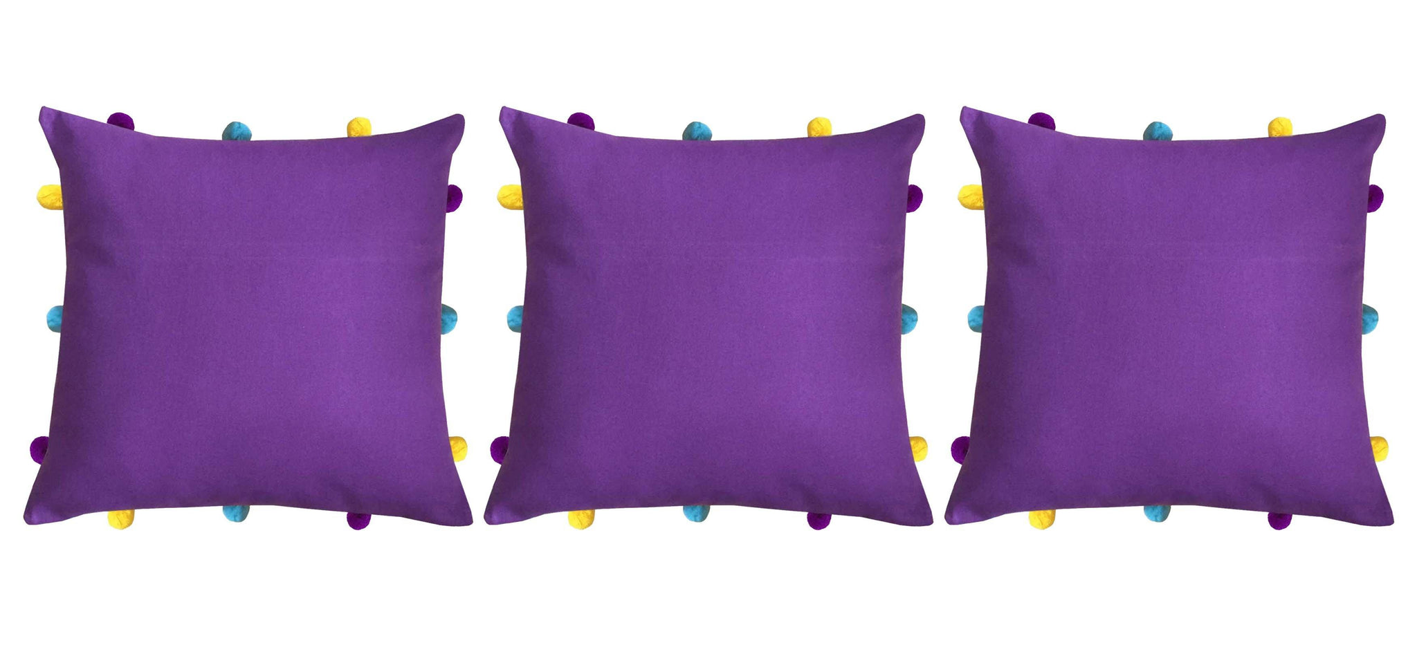 Lushomes Royal Lilac Cushion Cover with Colorful pom poms (3 pcs, 12 x 12”) - Lushomes