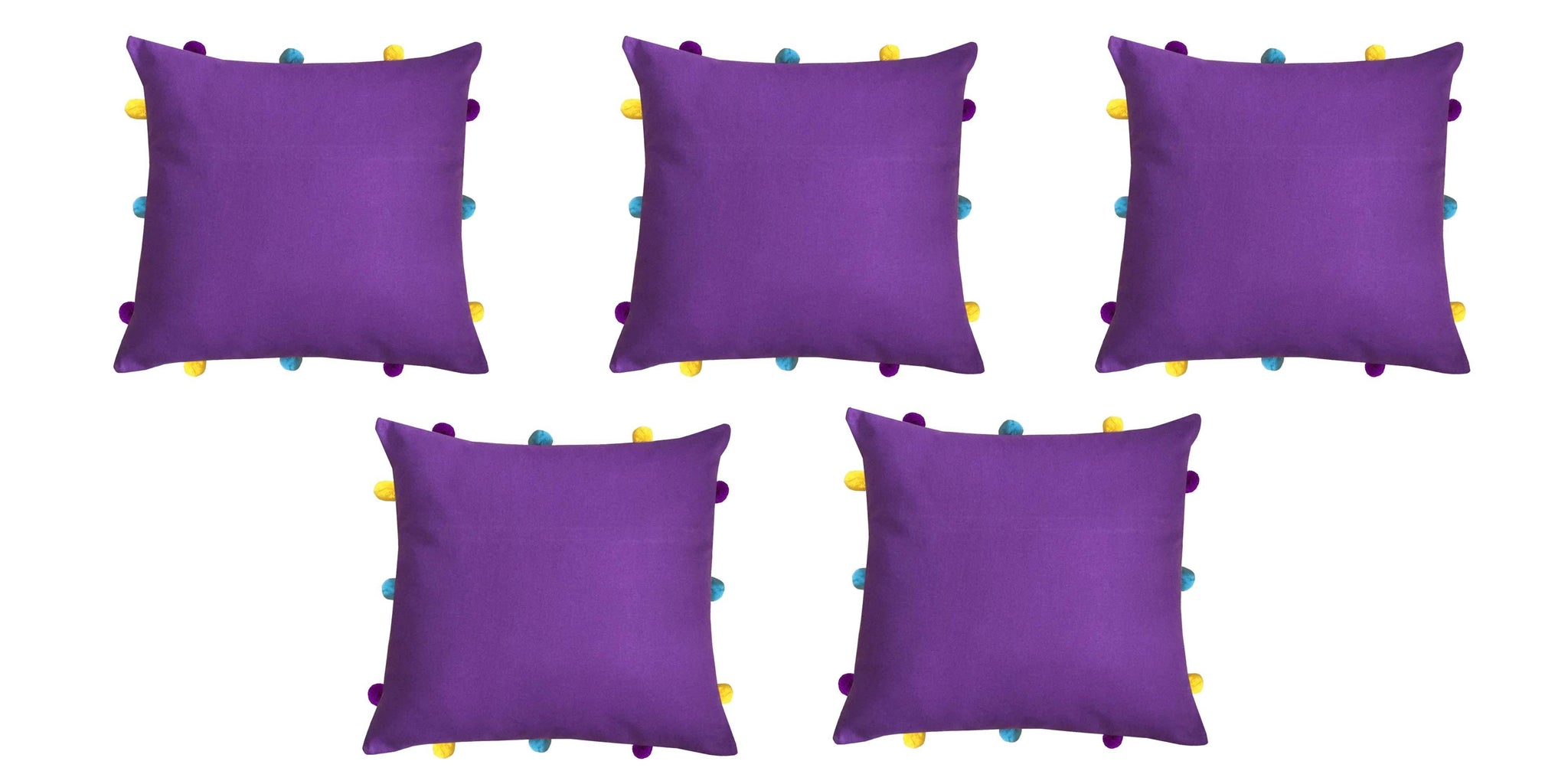 Lushomes Royal Lilac Cushion Cover with Colorful pom poms (5 pcs, 12 x 12”) - Lushomes