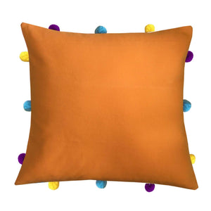 Lushomes Sun Orange Cushion Cover with Colorful pom poms (Single pc, 12 x 12”) - Lushomes